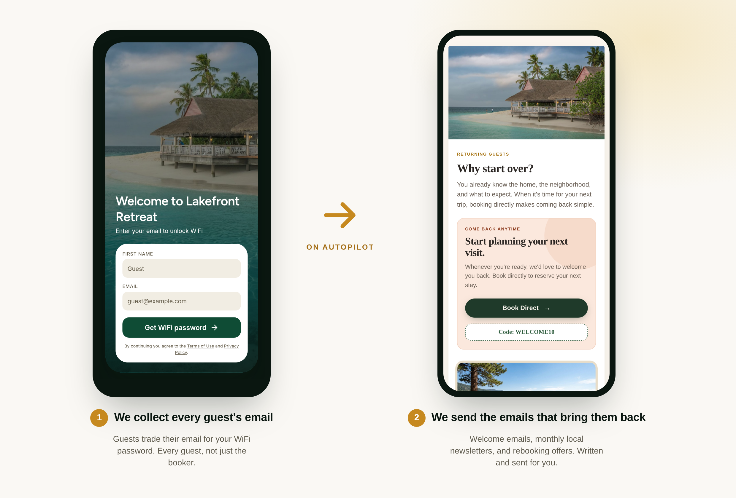 Left: the guest email collection page. Right: the rebooking email GuestLink sends. We collect every guest's email, then send the emails that bring them back.